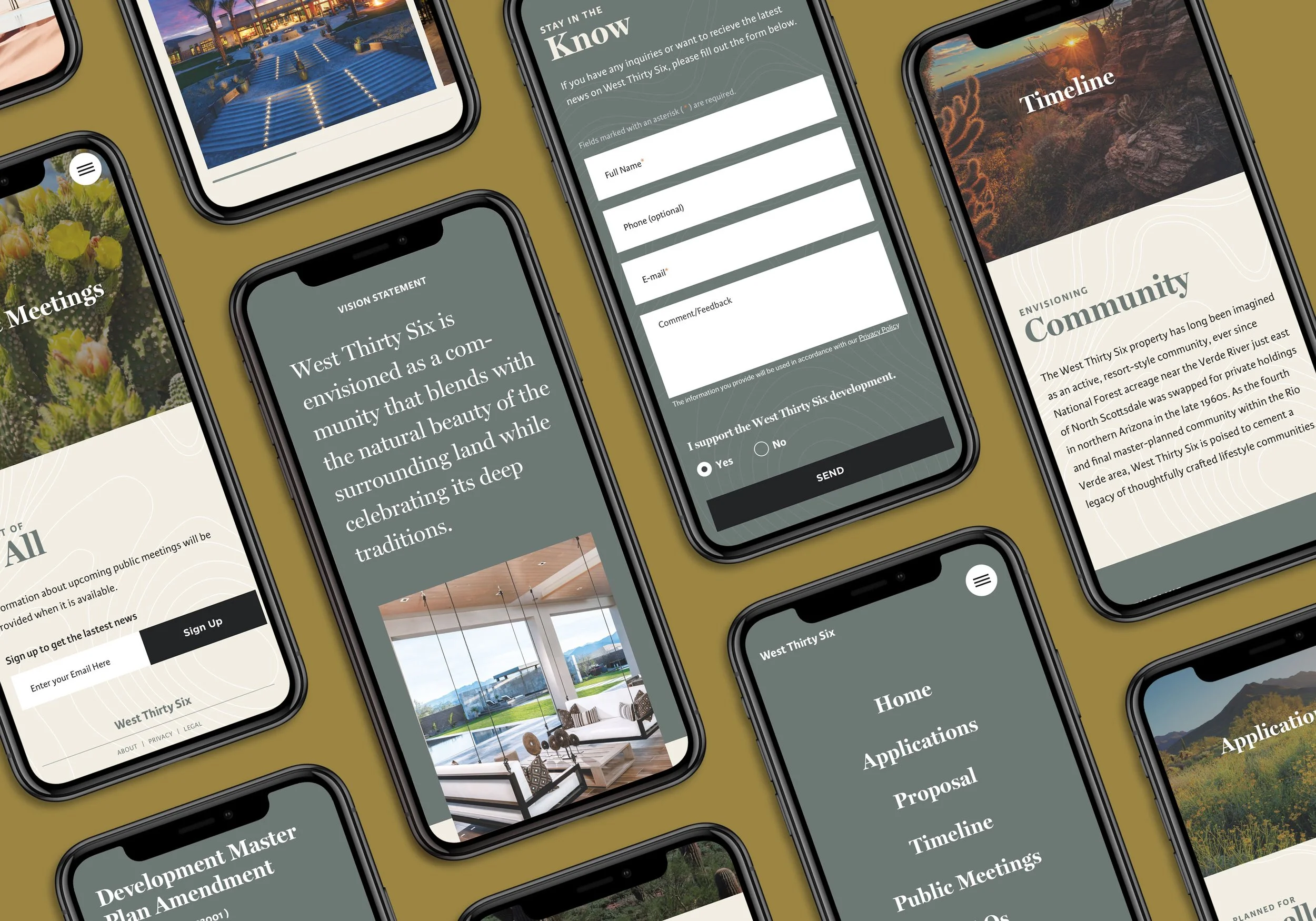 West Thirty Six mobile microsite — shown across multiple device screens on a warm gold background