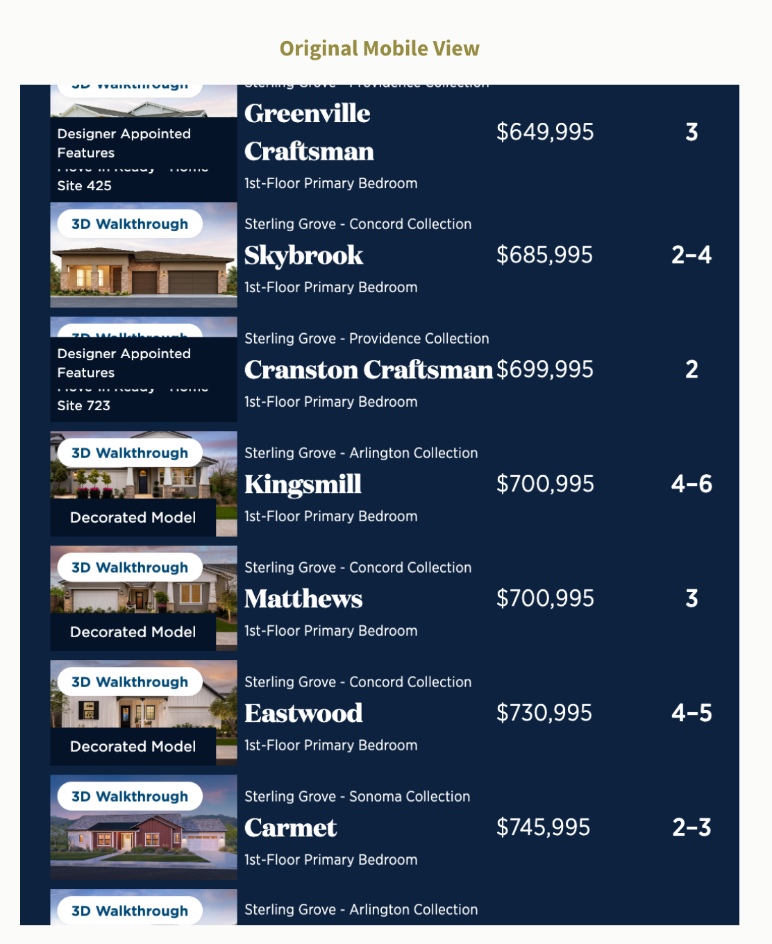 Original mobile list view — overlapping tags on home thumbnails