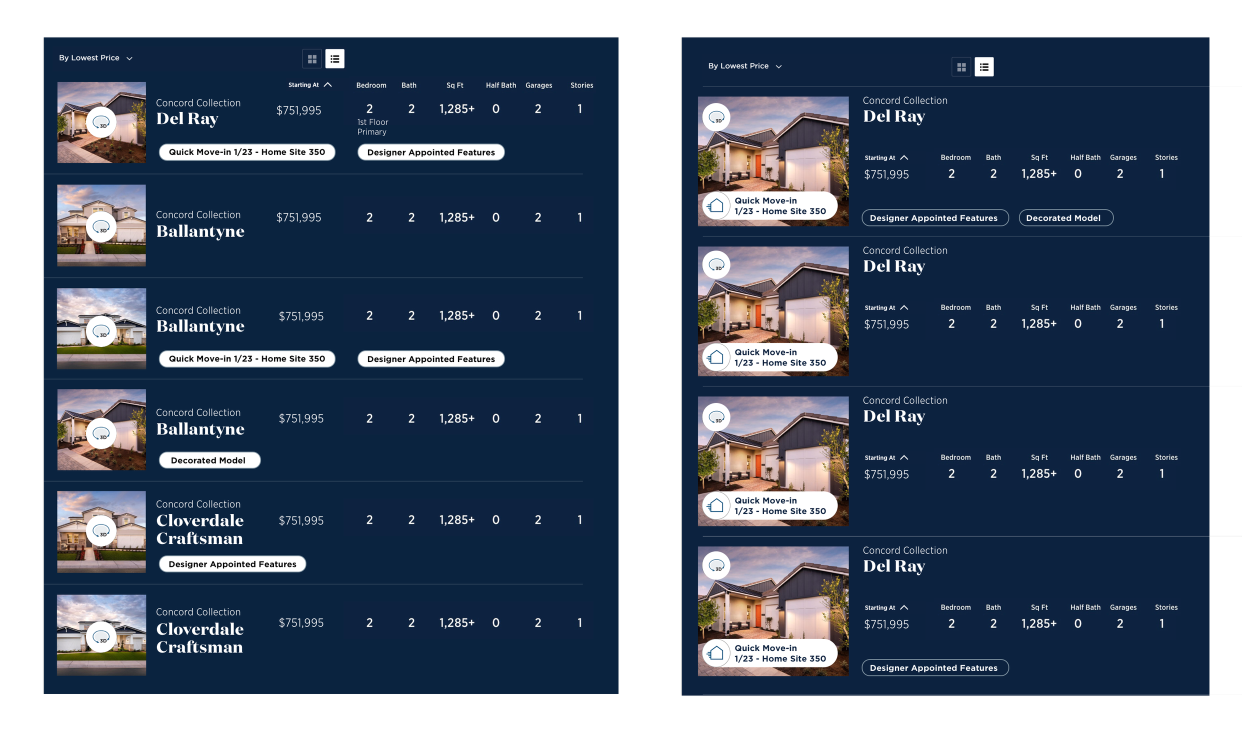 List view design explorations — iteration A and B side by side